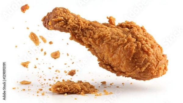 Fototapeta A crispy, golden-brown fried chicken piece captured mid-air against a clean white background, highlighting its crunchy texture.