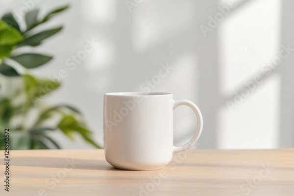 Fototapeta minimalistic stock photo of single white ceramic cup on smooth wooden table