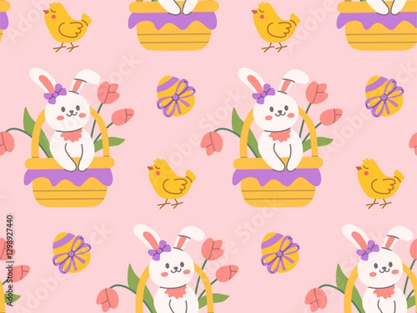 Fototapeta Seamless Easter pattern with cute bunny in a basket, yellow chicks, tulips, and decorated eggs on a pink background, perfect for festive designs, cards, and spring-themed projects.