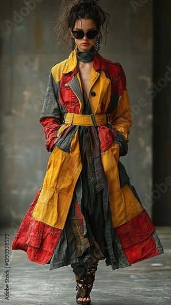 Fototapeta High-Fashion Model in Patchwork Trench Coat with Bold Colors Walking on Runway in Edgy Urban Style