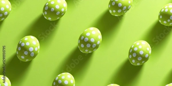 Fototapeta A pattern of polka-dotted Easter eggs on a lime green background. Happy Easter Festival Concept, April 2025.