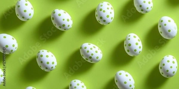 Fototapeta A pattern of polka-dotted Easter eggs on a lime green background. Happy Easter Festival Concept, April 2025.