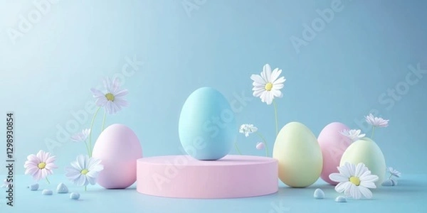 Fototapeta Easter-themed, pastel-colored eggs and flowers on a blue background, abstract geometric shapes.