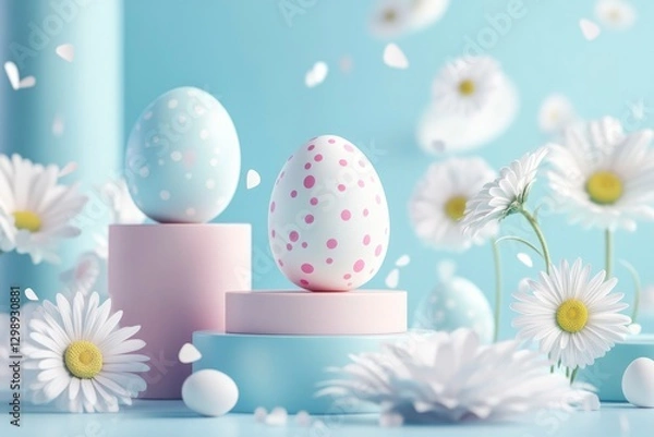 Fototapeta Easter-themed, pastel-colored eggs and flowers on a blue background, abstract geometric shapes.