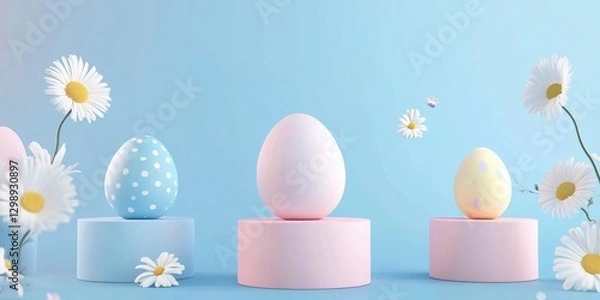 Fototapeta Easter-themed, pastel-colored eggs and flowers on a blue background, abstract geometric shapes.
