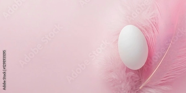 Fototapeta Easter banner with a white egg and pink feather on a pastel background, a flat lay top view with copy space.