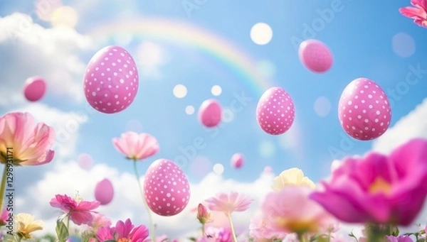 Fototapeta Pink clouds with pink polka-dotted eggs falling from the sky, flowers and a rainbow in the background, Easter theme.