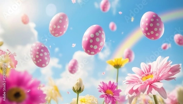 Fototapeta Pink clouds with pink polka-dotted eggs falling from the sky, flowers and a rainbow in the background, Easter theme.
