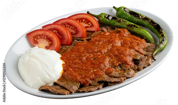 Fototapeta PNG Turkish Döner Iskender Kebab - Tender thin rich slices of döner meat smothered in rich tomato sauce, served over mini cube shaped sliced pide bread pieces and dollop of yoghurt