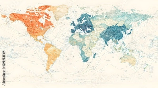 Obraz Highly Detailed World Map with Intricate Travel Routes  Flight Paths  and Major Landmarks on Clean White Background