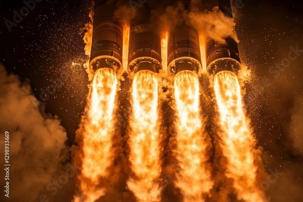 Fototapeta space shuttle launching, showing the intense flames and smoke billowing from the rocket boosters