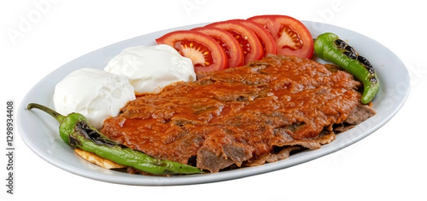 Fototapeta PNG Turkish Döner Iskender Kebab - Tender thin rich slices of döner meat smothered in rich tomato sauce, served over mini cube shaped sliced pide bread pieces and dollop of yoghurt