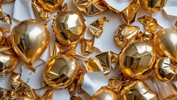 Fototapeta Gold balloons and shiny confetti scattered on a white surface, creating a festive atmosphere