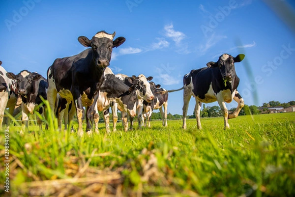 Fototapeta Troupeau de vaches laitière au milieu des champs d'herbe verte dans la campagne au printemps.