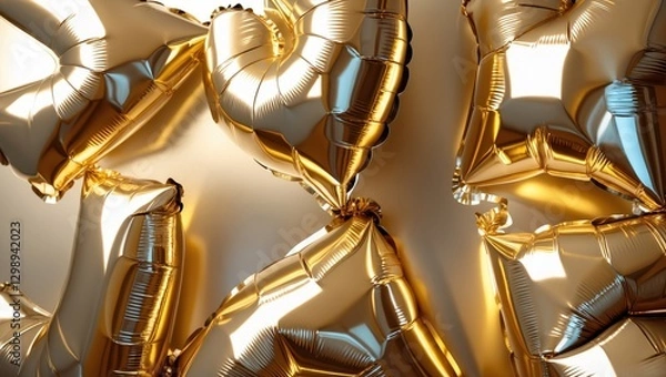 Fototapeta Shiny golden balloons in various shapes, creating a festive atmosphere with a soft light background