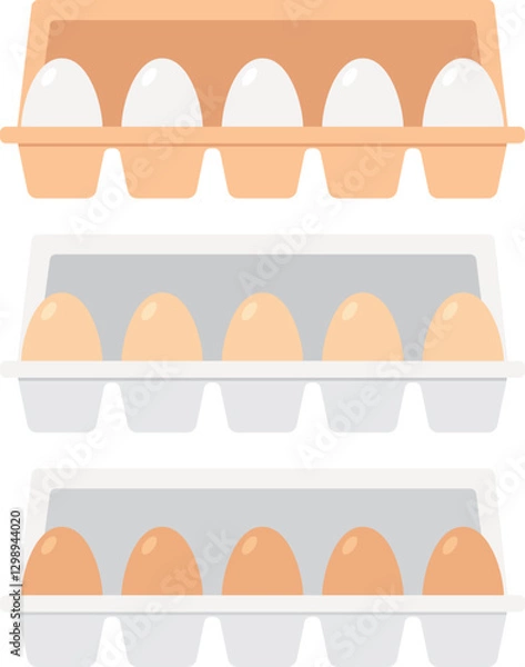 Fototapeta Set of chicken eggs in white, brown and light brown colors in egg trays with open covers . Vector illustration with transparent background.
