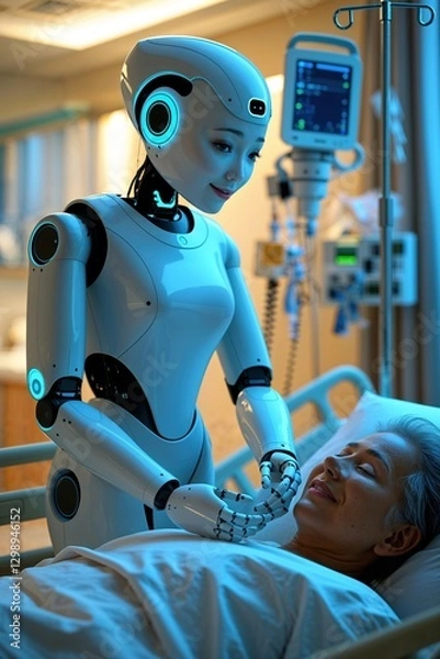 Fototapeta A humanoid robot gently interacts with a patient in a hospital room at night, highlighting the growing trend of automation in healthcare industries and its impact on human roles