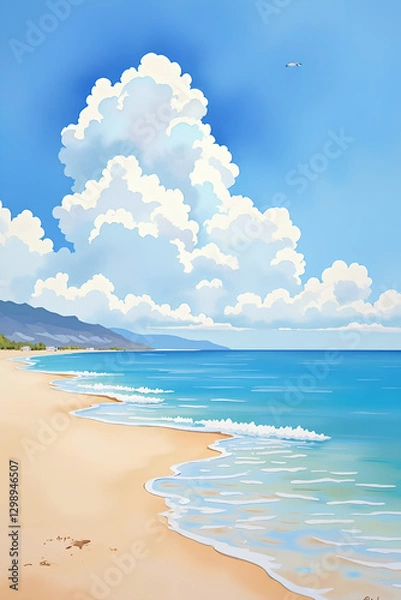 Obraz watercolor of  tropical beach with blue sky and clouds