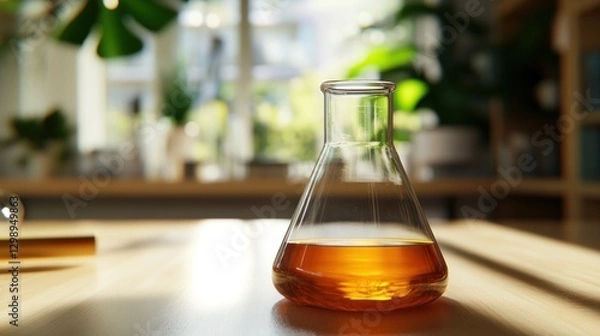 Fototapeta Amber liquid in flask, sunlit home lab
