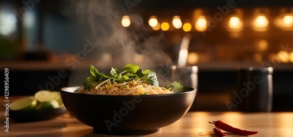 Fototapeta A Delicious Bowl of Steaming Noodles with Fresh Herbs and Lime on a Wooden Table