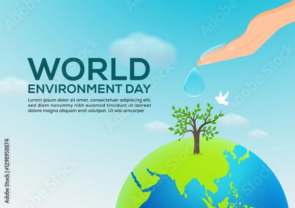 Obraz world environment day with hand giving water to tree on the earth