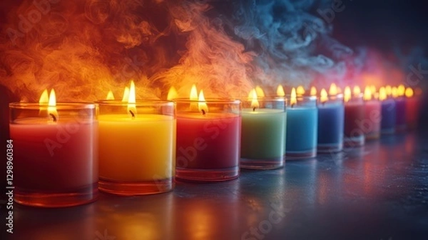 Fototapeta Colorful Scented Candles Glowing with Warm Flames and Atmospheric Smoke