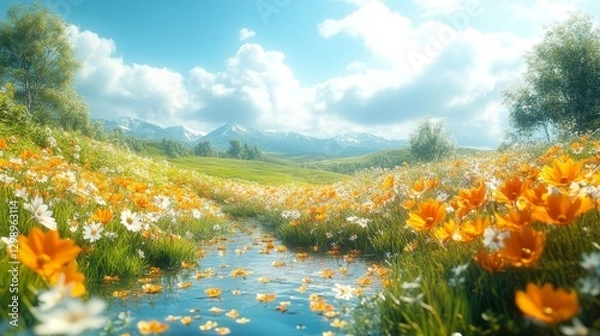 Obraz Sunny meadow with stream, wildflowers, and mountains in background.