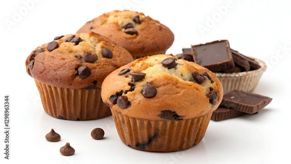 Fototapeta Freshly baked chocolate chip muffins with a golden-brown crust, isolated on a white background with space for text.