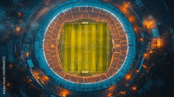 Fototapeta Aerial view of a full stadium at night, illuminated field.