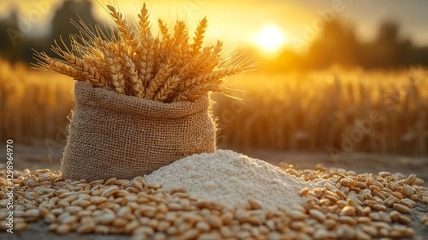 Obraz Wheat grains in burlap sack with flour, sunset field background.