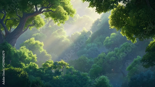 Fototapeta A serene forest scene with lush green trees illuminated by soft sunlight, creating a tranquil atmosphere filled with nature's beauty.