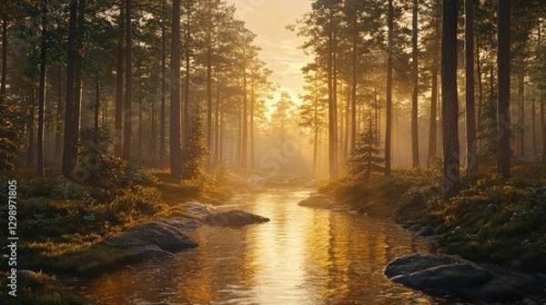 Fototapeta Dreamy River Flowing Through Dense Pine Forest with Morning Mist