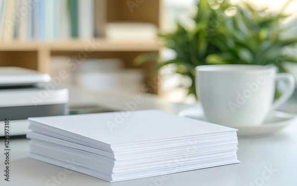 Obraz Office desk with blank white paper stack, printer, and a cup. Minimalist workspace with natural light and plant in the background, for business and creativity.
