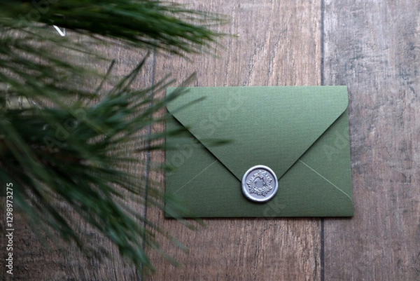 Fototapeta Olive green envelope with wax seal and pine branches top view.