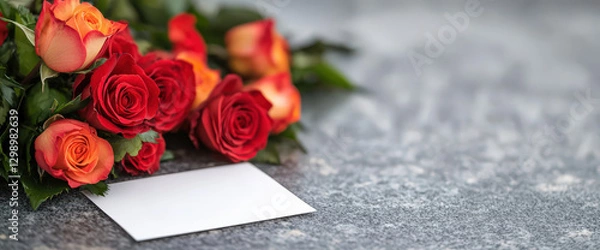 Fototapeta beautiful arrangement of red and orange roses with blank note, perfect for expressing heartfelt emotions