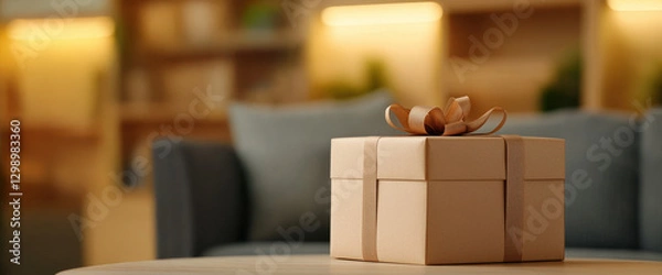Fototapeta cozy living room setup featuring gift box on table, creating warm atmosphere