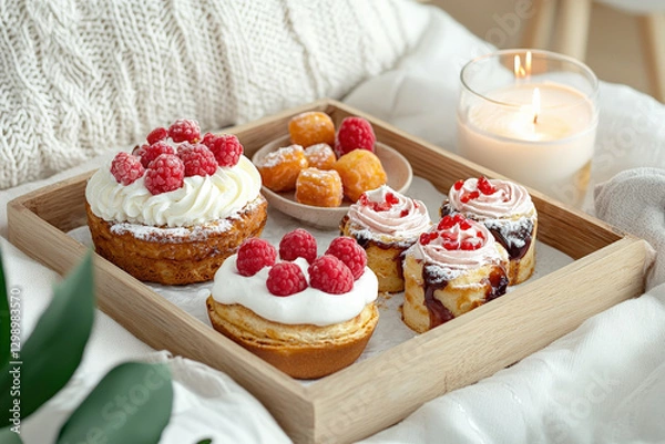 Fototapeta Delightful breakfast in bed scene featuring pastries, raspberries, and candle. Perfect for Mother Day or special occasions