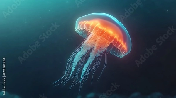 Obraz Ethereal Jellyfish Glowing in Deep Blue Sea with Bioluminescent Tentacles and Tranquil Underwater Background
