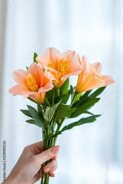 Fototapeta beautiful bouquet of peach lilies held in hand, symbolizing joy and love. This moment captures essence of giving and receiving flowers