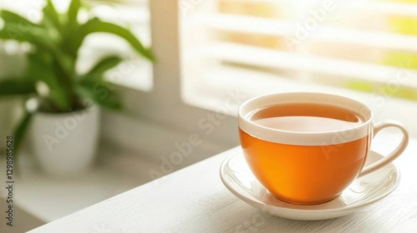 Fototapeta warm cup of tea sits on saucer in sunlit room, surrounded by greenery