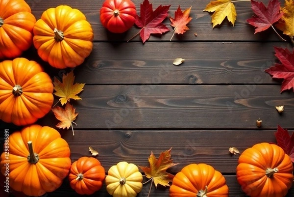 Fototapeta Autumn scene with colorful pumpkins arranged on rustic wooden background with fall leaves, colorful, autumn