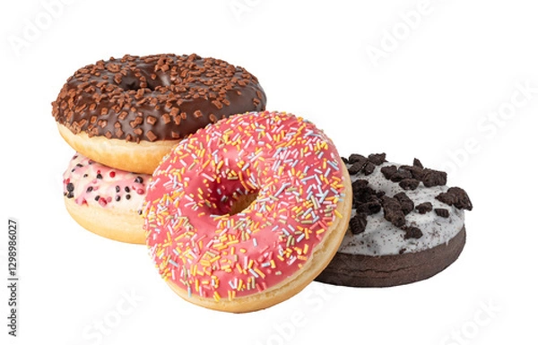Fototapeta Four iced ring donuts with sprinkles and cookie crumbs on transparent background