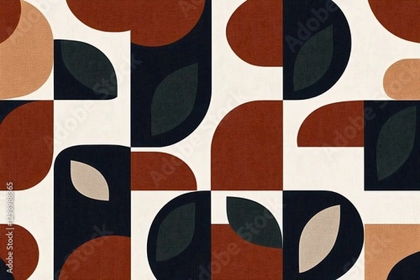 Fototapeta Abstract geometric shapes with earthy tones and leaves pattern for modern interior design projects