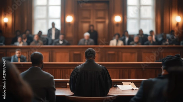 Fototapeta A courtroom scene depicting a tense moment, with a focus on a figure in the foreground and an audience of people observing the proceedings.