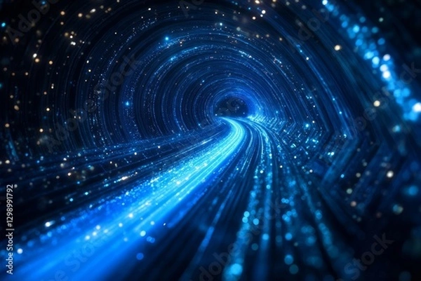 Fototapeta A tunnel with glowing blue and white light patterns, resembling a digital or cosmic passageway with a futuristic feel