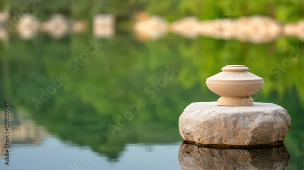 Fototapeta serene lake reflects decorative pot resting on stone, surrounded by lush greenery. tranquil scene evokes peace and harmony