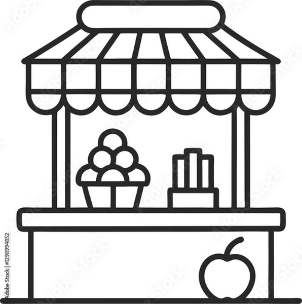 Fototapeta "Farmer’s Market Stall Editable Stroke Outline Icon" features a minimalistic stall with fresh produce like fruits, vegetables, and organic goods. This icon represents local markets, organic farming, a
