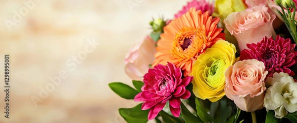 Fototapeta vibrant flower arrangement featuring roses, gerbera daisies, and ranunculus, perfect for Mother Day celebrations