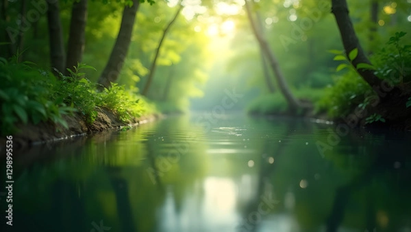 Obraz Tranquil Stream Glimmering Through Verdant Woods