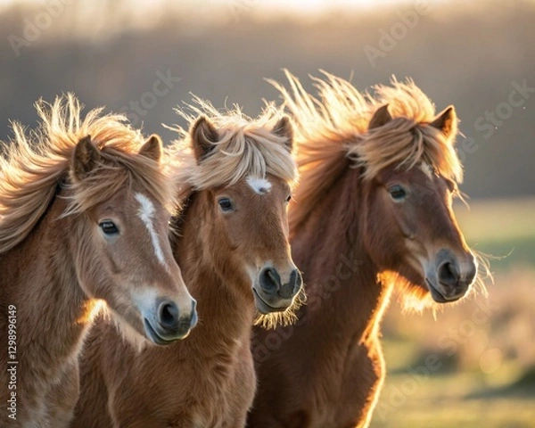 Fototapeta A close-up of several adorable horses standing together in a peaceful meadow. Their soft, flowing manes gently sway in the breeze.